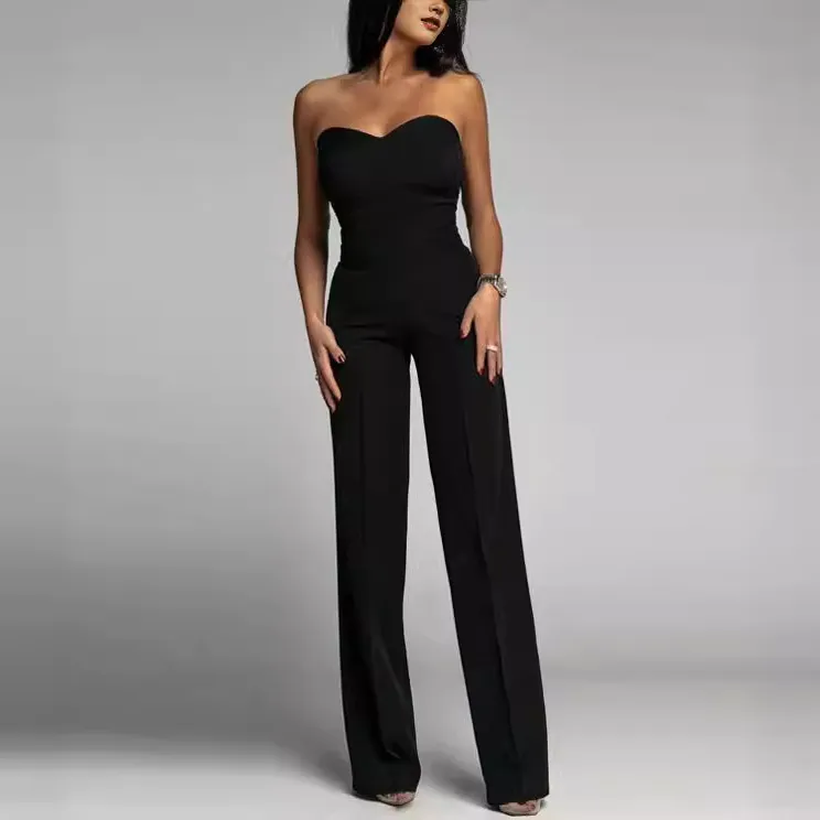 Spring And Summer Women Sexy Slim Straight Pants Solid Tube Top Office Chic Jumpsuits