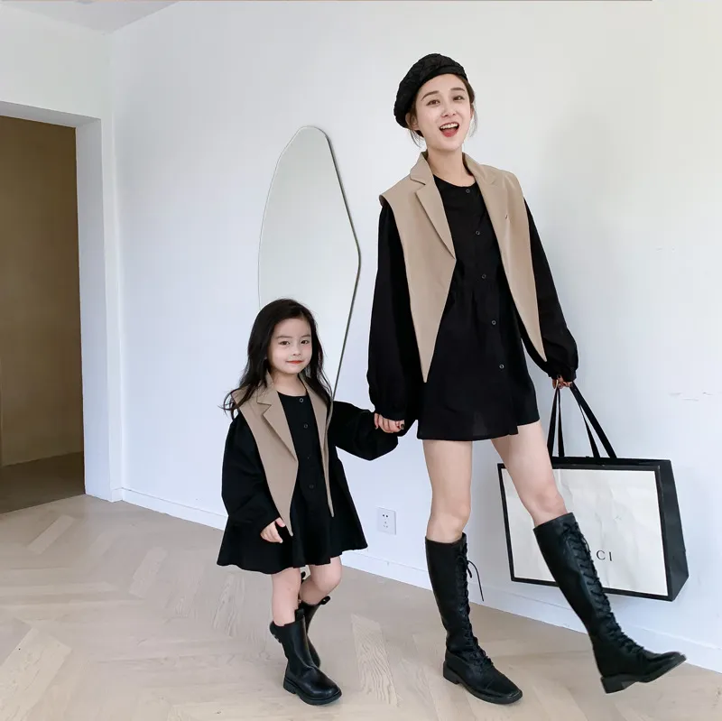 Simple Fashion Long-Sleeved Shirt Dress Suit Shawl Two-Piece Parent-Child Matching Outfit
