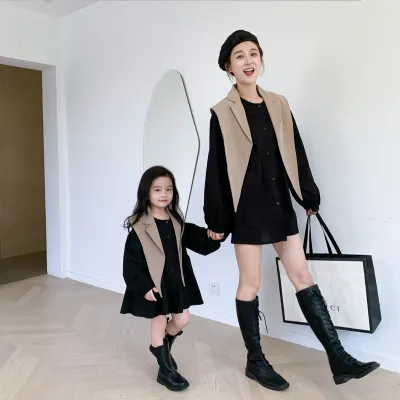 Simple Fashion Long-Sleeved Cotton Shirt Dress Suit Shawl Two-Piece Parin-Child Outfit for Girls