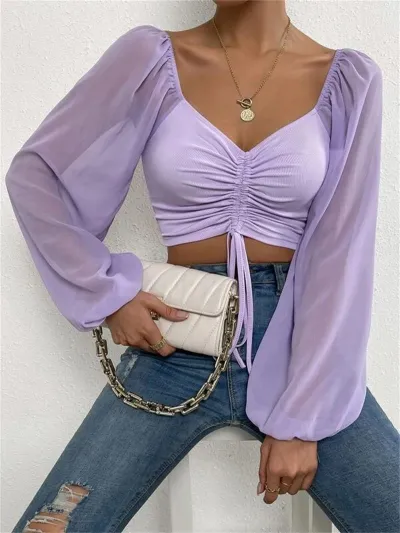 Summer V-Neck Chiffon Drawstring Lantern Sleeves Slim Blouse