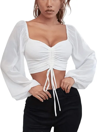Summer V-Neck Chiffon Drawstring Lantern Sleeves Slim Blouse