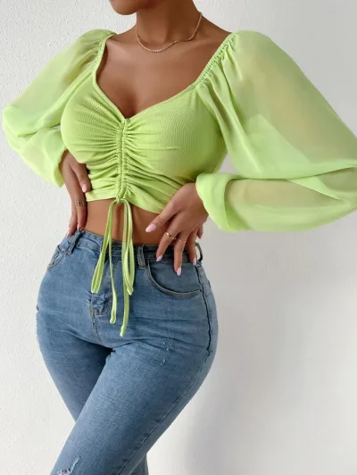 Summer V-Neck Chiffon Drawstring Lantern Sleeves Slim Blouse