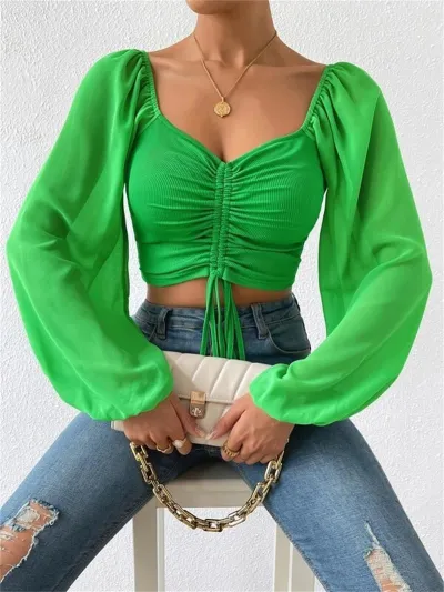 Summer V-Neck Chiffon Drawstring Lantern Sleeves Slim Blouse