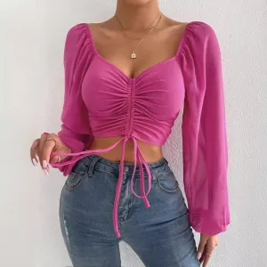 Summer V-Neck Chiffon Drawstring Lantern Sleeves Slim Blouse
