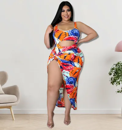 Plus Size Sexy Cut Out One-Piece Swimsuit Skirt Suit Set