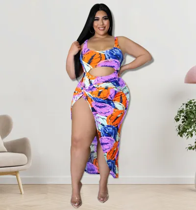 Plus Size Sexy Cut Out One-Piece Swimsuit Skirt Suit Set