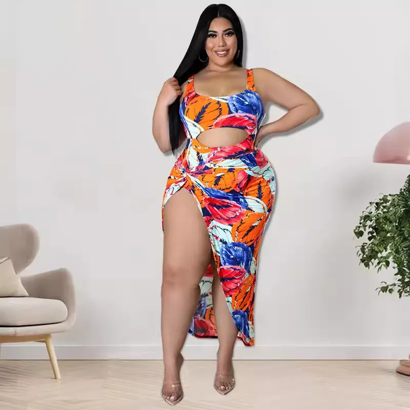 Plus Size Sexy Cut Out One-Piece Swimsuit Skirt Suit Set