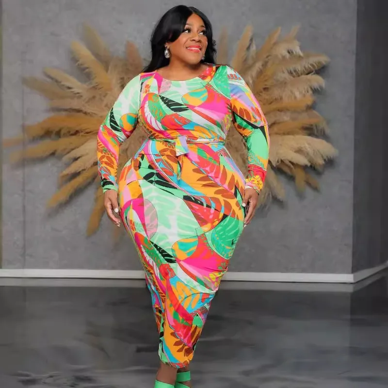 Plus Size Leaf Printed Long Sleeve Tight Dress