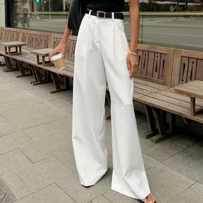 Women Elegant High-Waist Wide-Leg Pants Polyester Blend