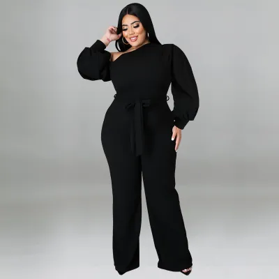 Women Fashion Plus Size Solid Color Oblique Shoulder Lantern Sleeves Loose Jumpsuits Belt