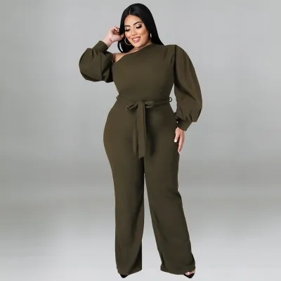 Women Fashion Plus Size Solid Color Oblique Shoulder Lantern Sleeves Loose Jumpsuits Belt