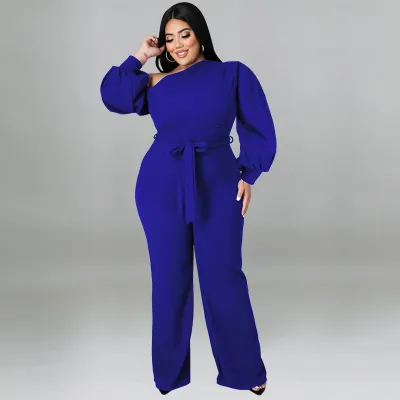 Women Fashion Plus Size Solid Color Oblique Shoulder Lantern Sleeves Loose Jumpsuits Belt