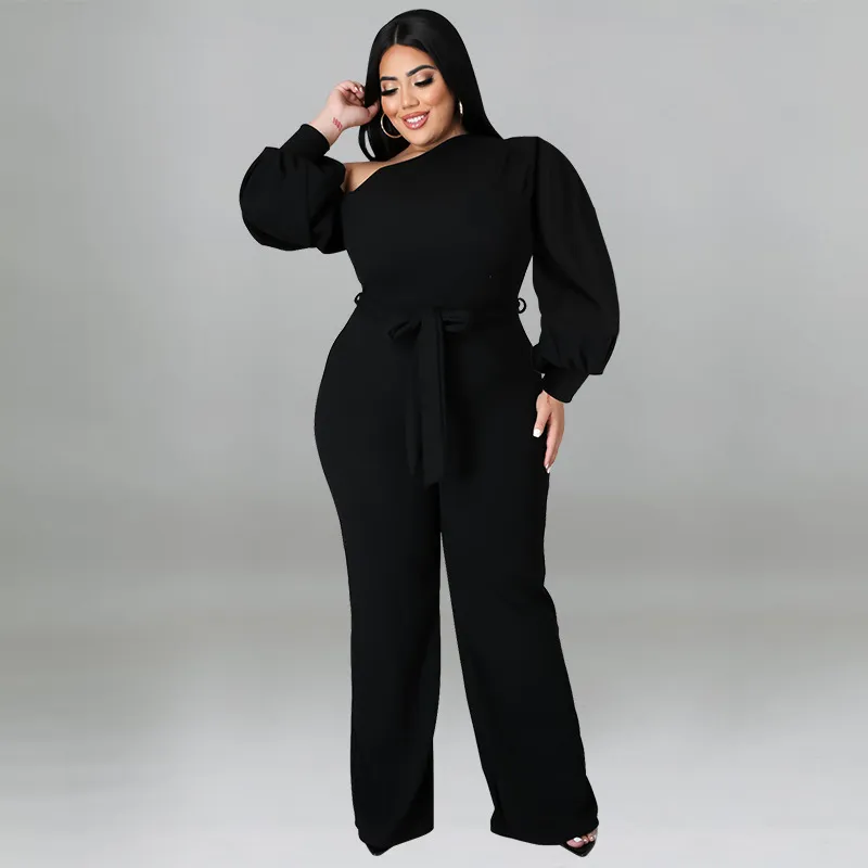 Women Fashion Plus Size Solid Color Oblique Shoulder Lantern Sleeves Loose Jumpsuits Belt