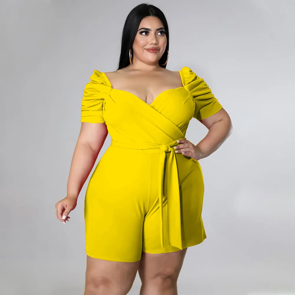 Women Fashion Casual Plus Size Solid Color Lace-Up Short-Sleeve Rompers