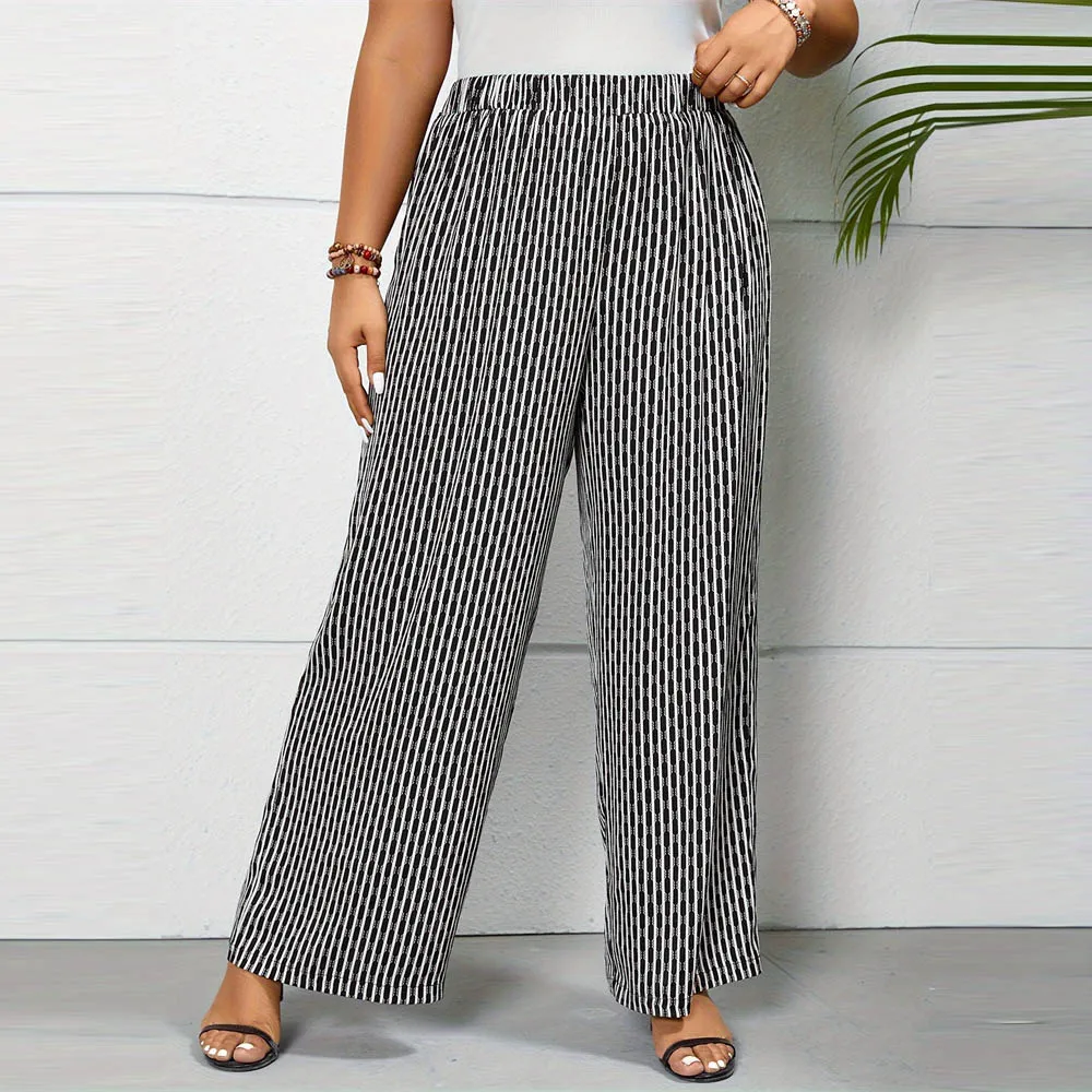 Summer Women Casual Plus Size Stripe Printed Wide Leg Pants