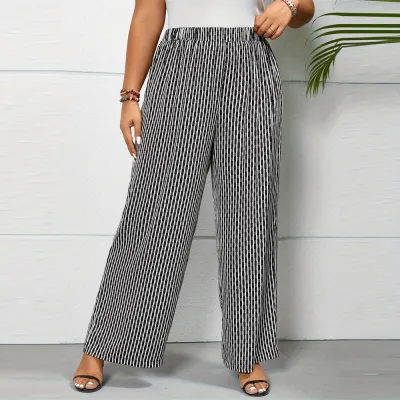 Summer Women Casual Plus Size Stripe Printed Wide Leg Pants