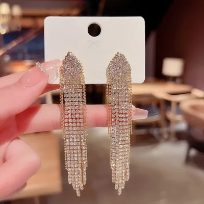 Women Fashion Rhinestone Tassel Geometric Earrings