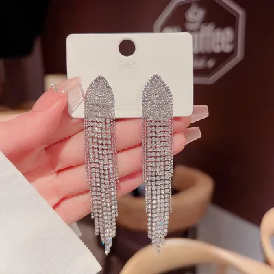 Women Fashion Rhinestone Tassel Geometric Earrings