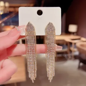 Women Fashion Rhinestone Tassel Geometric Earrings