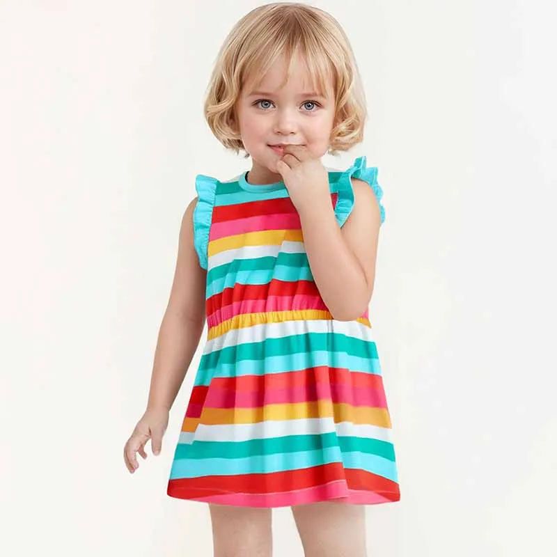 Kids Toddler Girls Casual Cute Rainbow Stripe Print Sleeveless Cotton Dress
