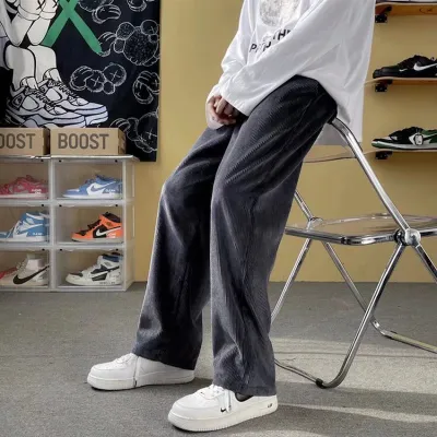 Men Spring Autumn Casual Basic Solid Color Loose Corduroy Straight Pants