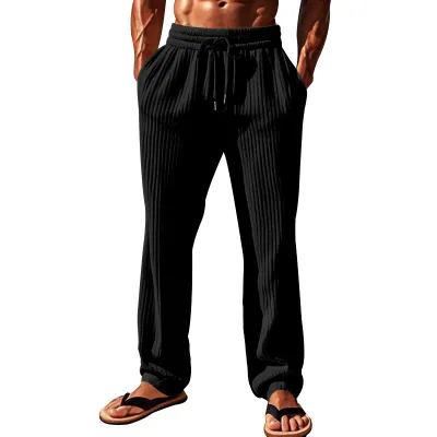 Men Spring Autumn Casual Basic Solid Color Loose Stripe Wide Leg Trousers