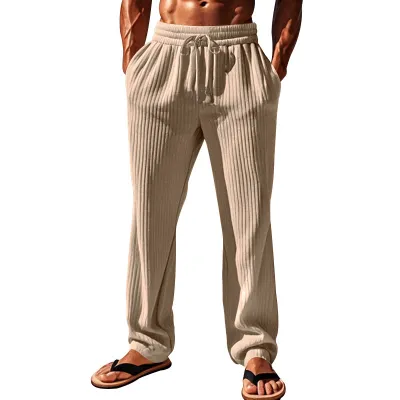 Men Spring Autumn Casual Basic Solid Color Loose Stripe Wide Leg Trousers