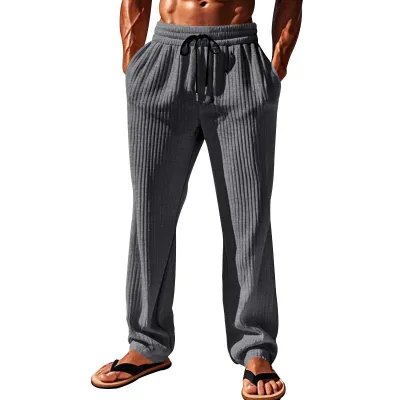 Men Spring Autumn Casual Basic Solid Color Loose Stripe Wide Leg Trousers