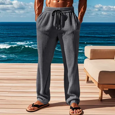 Men Spring Autumn Casual Basic Solid Color Loose Stripe Wide Leg Trousers