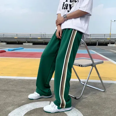 Men Spring Autumn Casual Basic Athleisure Loose Stripe Straight Pants
