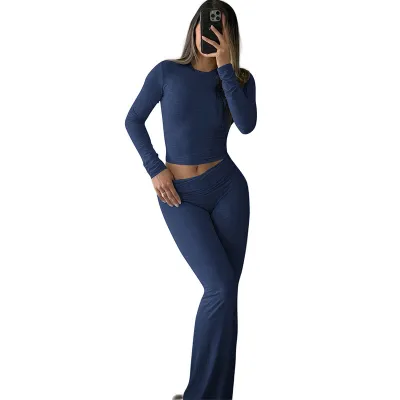 Casual Athleisure Women Two-Piece Crewneck Long-Sleeved Top Low Waist Flared Pants Sportswear Set