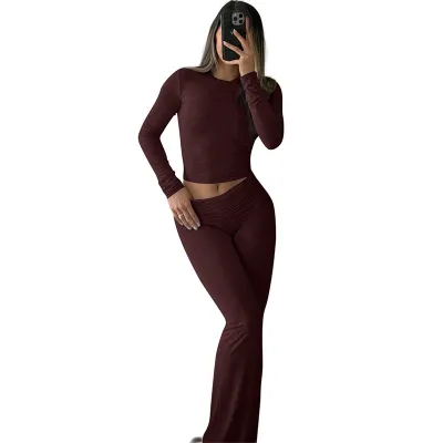 Casual Athleisure Women Two-Piece Crewneck Long-Sleeved Top Low Waist Flared Pants Sportswear Set