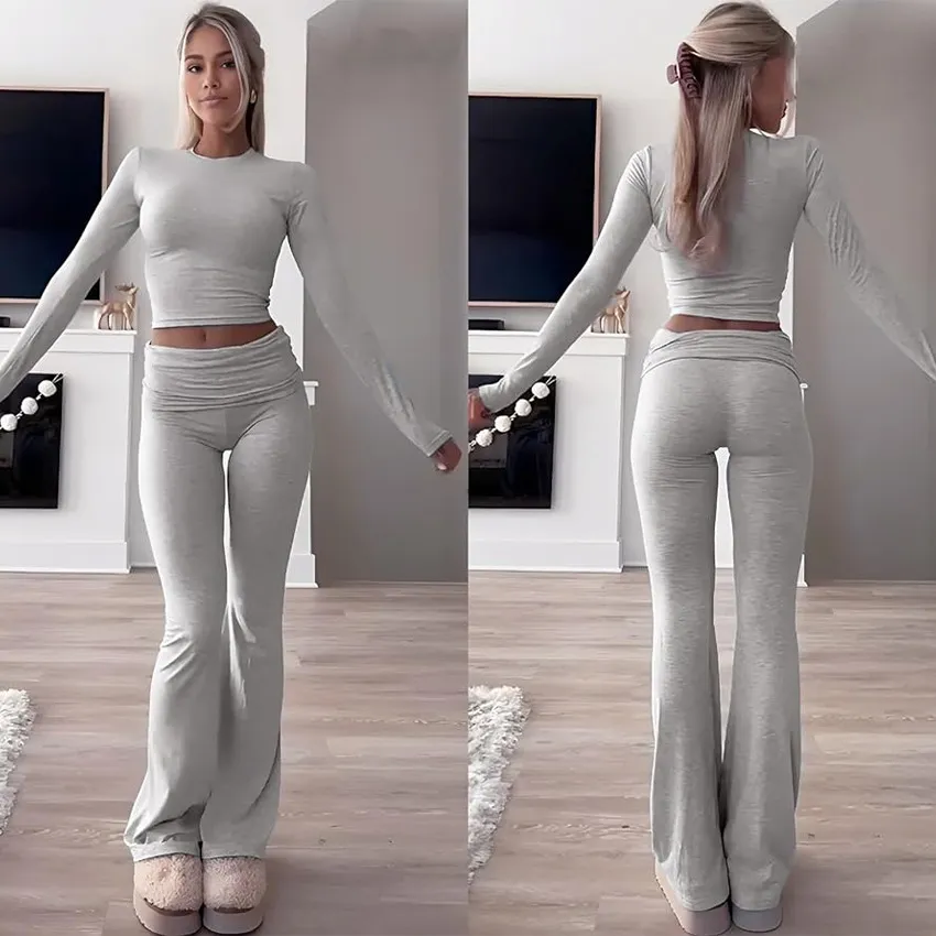 Casual Athleisure Women Two-Piece Crewneck Long-Sleeved Top Low Waist Flared Pants Sportswear Set