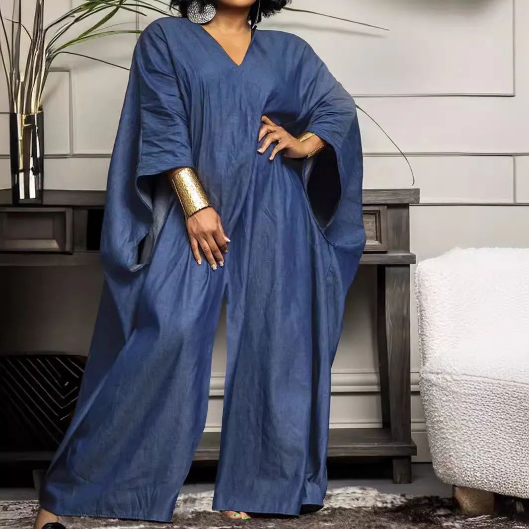 Women Plus Size Imitated Denim Fabric One Size Loose Jumpsuit with Bat Sleeve