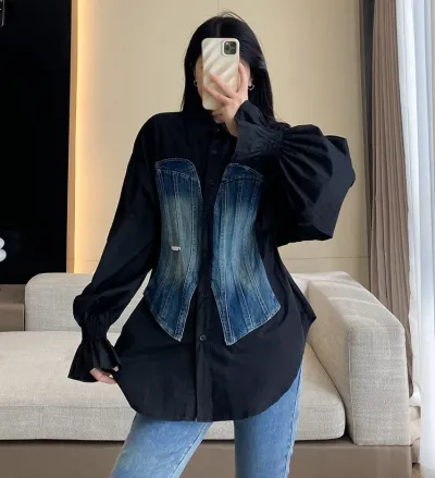 Long Sleeve Denim Patchwork Defined Waist Shirt Women Lapel Blouse