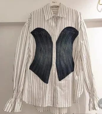 Long Sleeve Denim Patchwork Defined Waist Shirt Women Lapel Blouse
