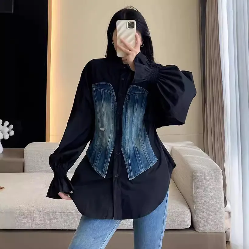 Long Sleeve Denim Patchwork Defined Waist Shirt Women Lapel Blouse