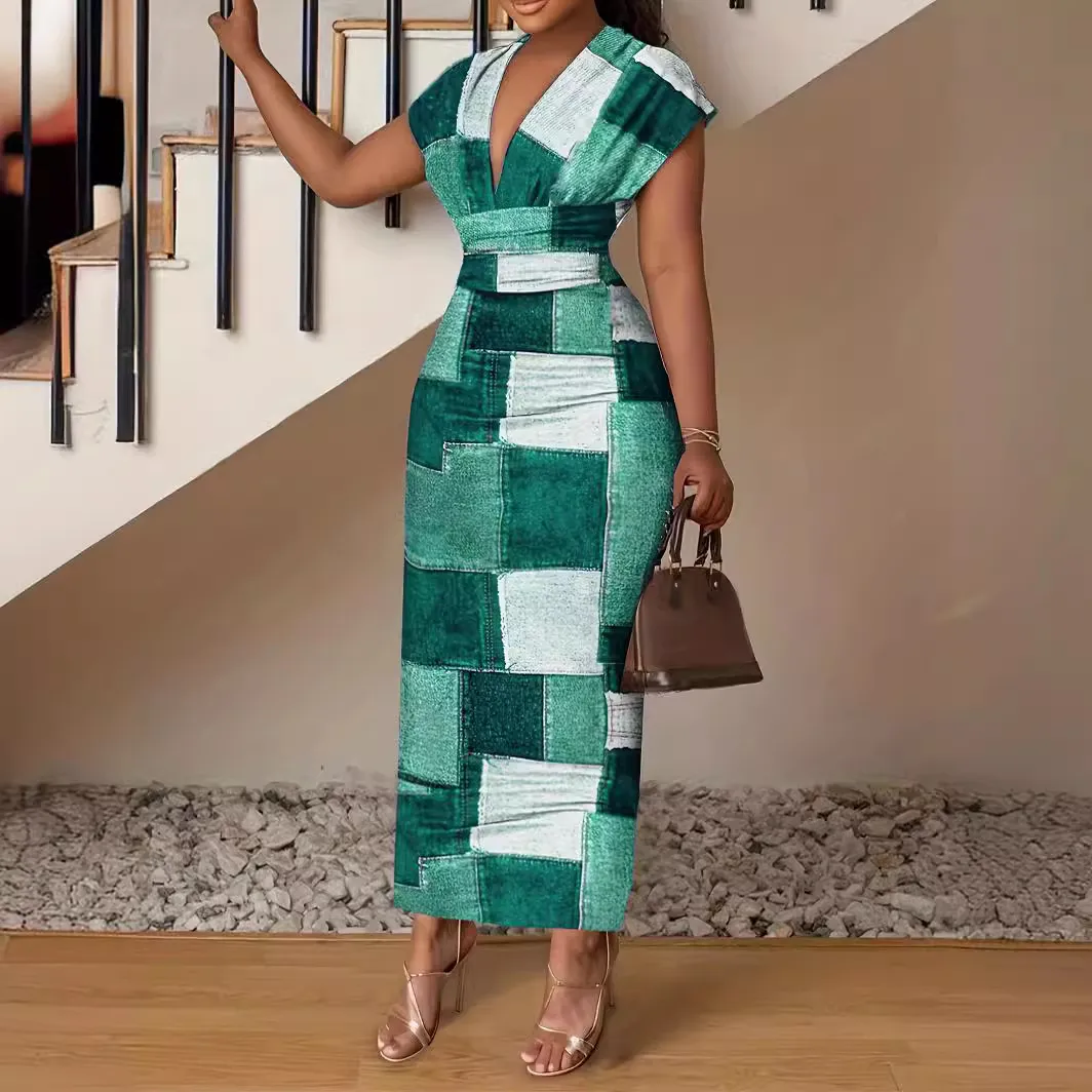 Women Elegant Plus Size Graphic Printing V Neck Tight Midi Dress