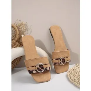 Women Fashion Metal Buckle Flat Slippers Solid Color Leisure