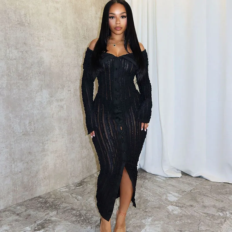 Women Sexy Off-Shoulder Lapel Tight Long Sleeve Slit Dress
