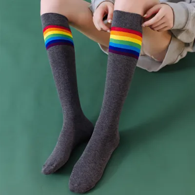 Cotton Calf Socks For Women Autumn Winter Rainbow Multicolor Stripe Stockings