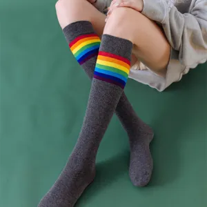 Cotton Calf Socks For Women Autumn Winter Rainbow Multicolor Stripe Stockings