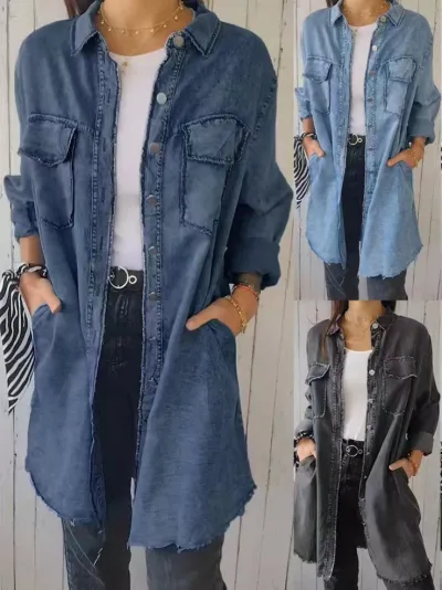 Women Casual Urban Denim Jacket Coat with Lapel Collar and Long Sleeves