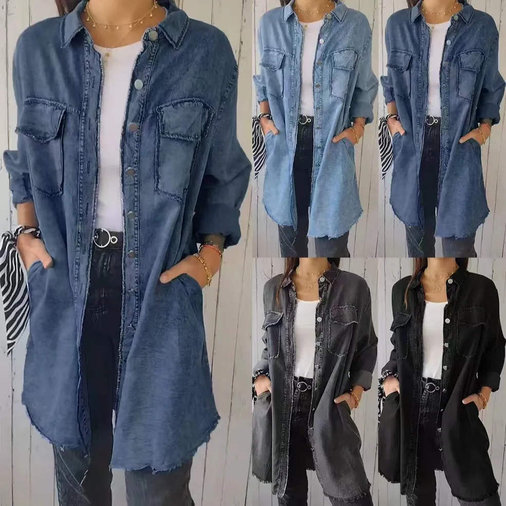 Women Casual Urban Denim Jacket Coat with Lapel Collar and Long Sleeves