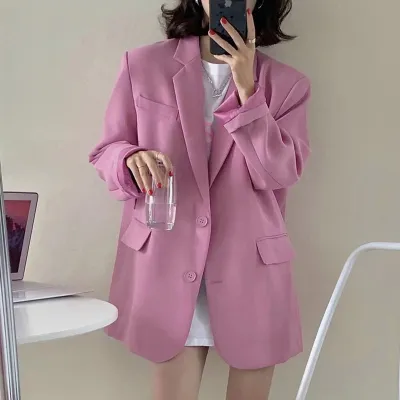 Women Slim Fit Blazer Coat Solid Color Pocket Design Fresh Sweet Style