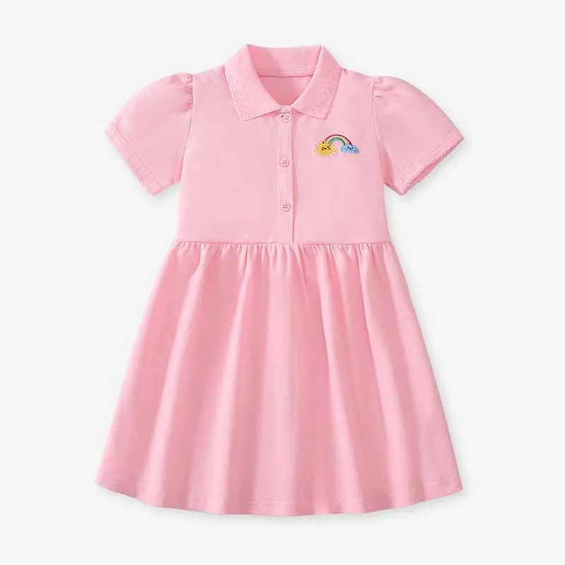 Kids Toddler Girls Rainbow Embroidery Short Sleeve Lapel Princess Dress Cotton Summer Casual