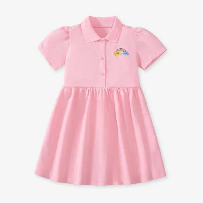 Kids Toddler Girls Rainbow Embroidery Short Sleeve Lapel Princess Dress Cotton Summer Casual