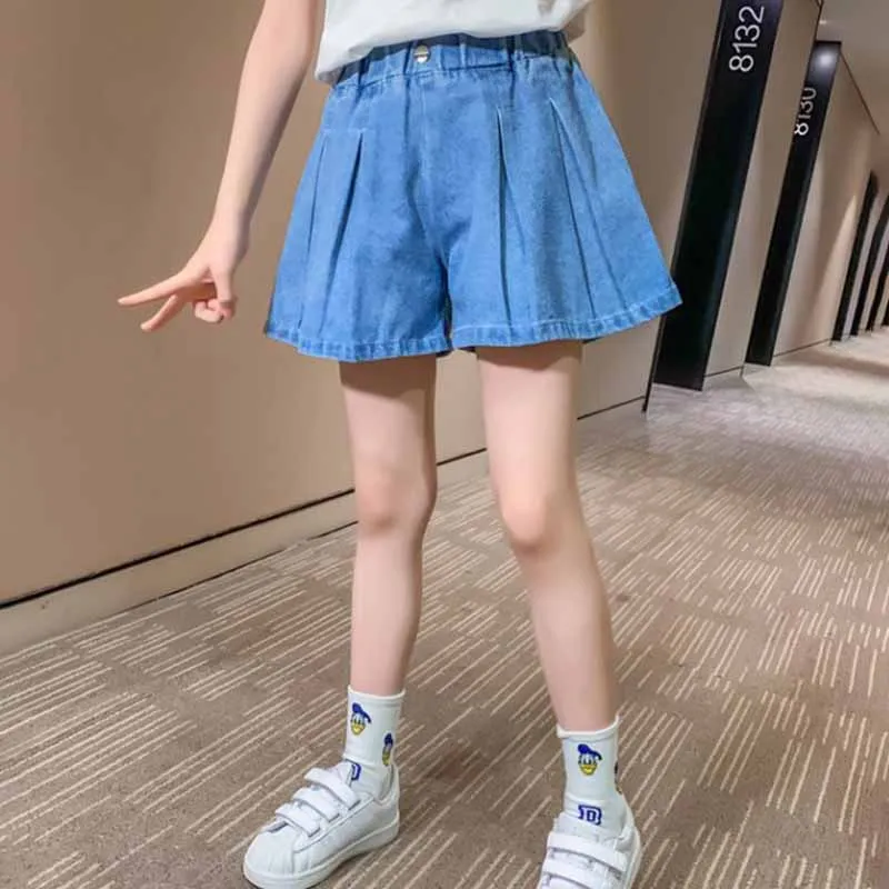 Kids Toddler Big Girls Fashion Casual Pleated Denim Shorts