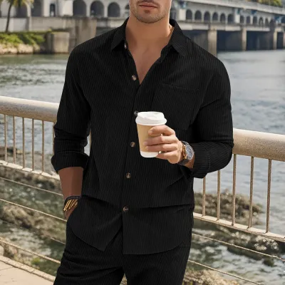 Men Fashion Casual Solid Color Corduroy Long Sleeve Lapel Shirt Slim Fit