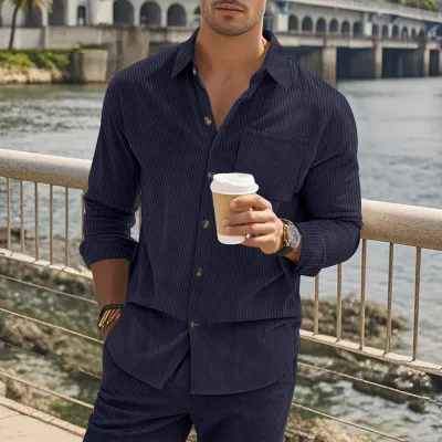 Men Fashion Casual Solid Color Corduroy Long Sleeve Lapel Shirt Slim Fit
